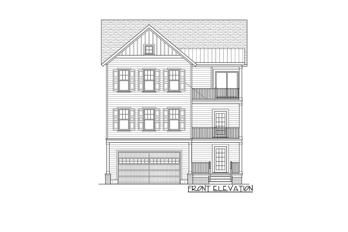 Front elevation drawing of a three-story house plan with a gable roof, garage, two balconies, and multiple windows.