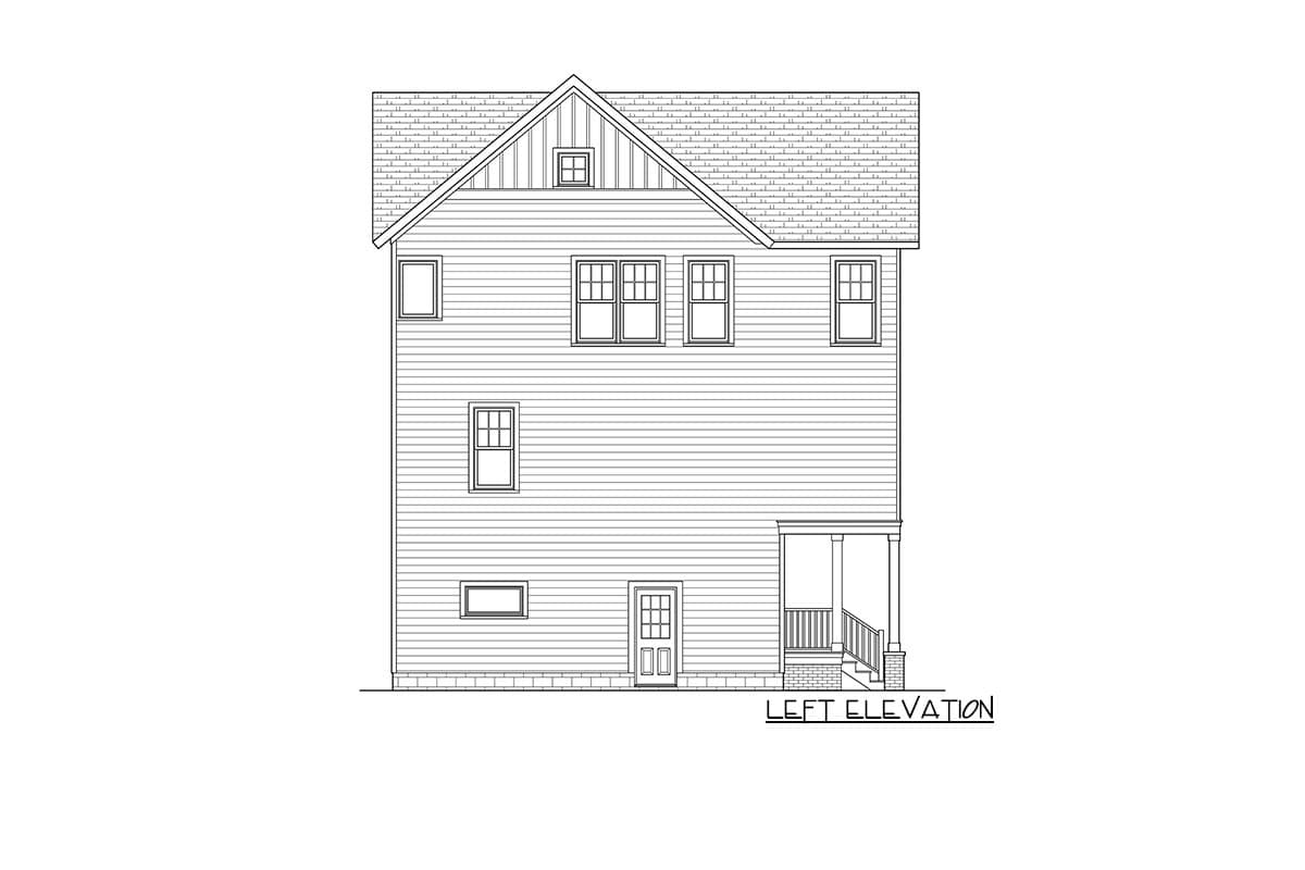 Left elevation drawing of a two-story house plan with vinyl siding, gabled roof, and a small front porch.