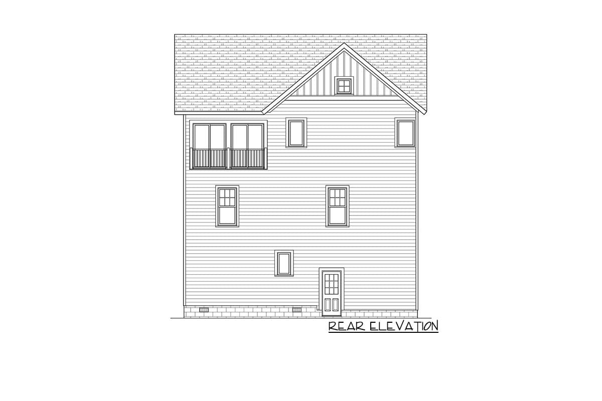 Rear elevation house plan shows a three-story structure with siding, a gable dormer, a second-story balcony, and a central rear door.