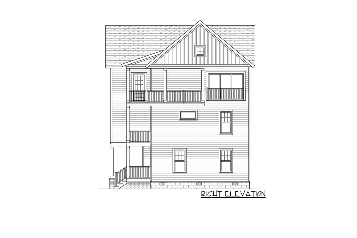 Right elevation house plan with gabled roof, siding, two balconies, porch, and multiple windows.