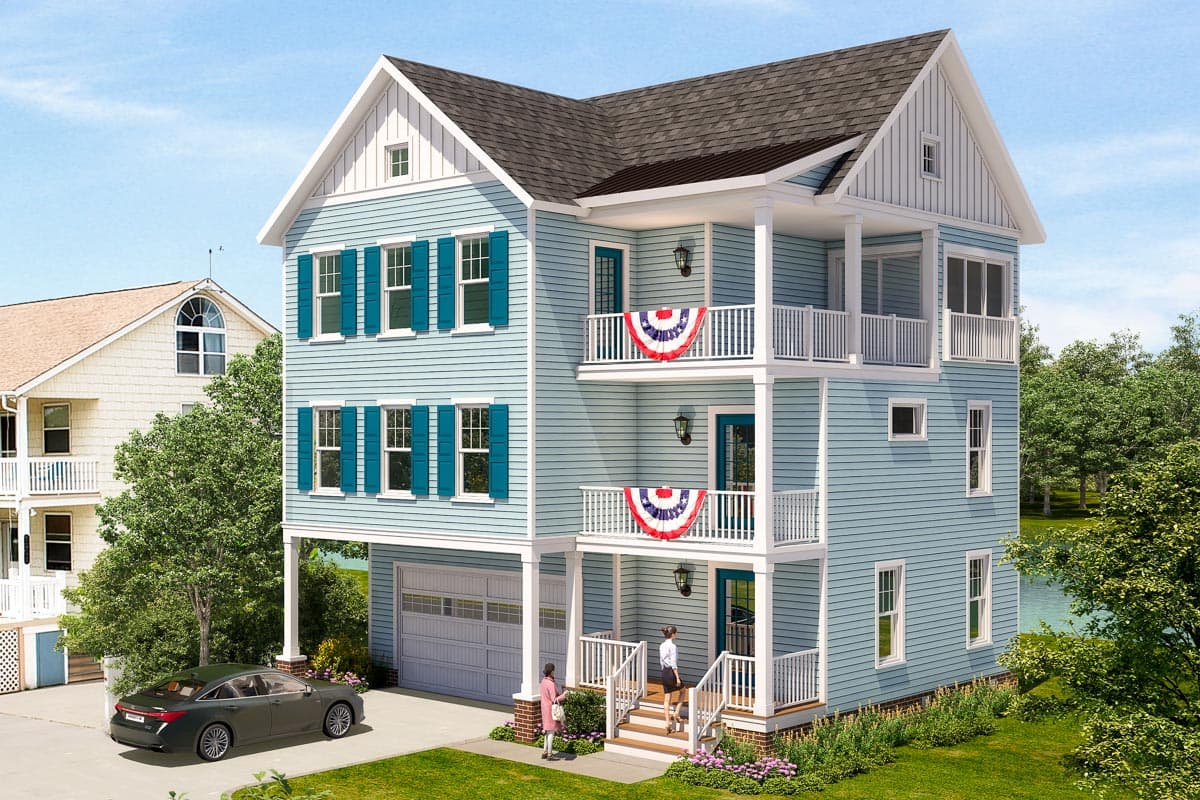 House plan exterior. Three-story house with porch, gables, and garage. Features shutters, balconies, and a multi-level deck.