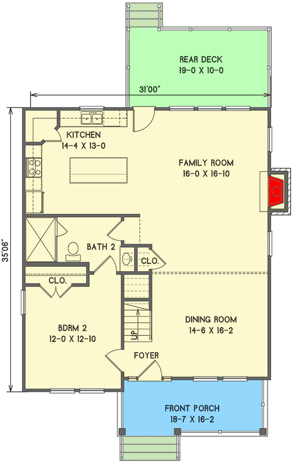 Plan 31576GF: Two-Story Country House Plan with Rear Deck - Floor Plan - Main Level - Coastal, Country, Traditional
