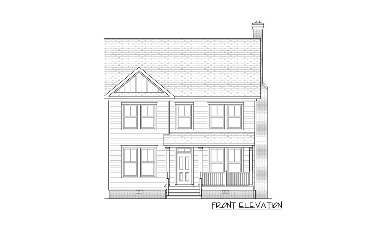 Front elevation drawing of a two-story house with a prominent gable, covered porch, and brick chimney.