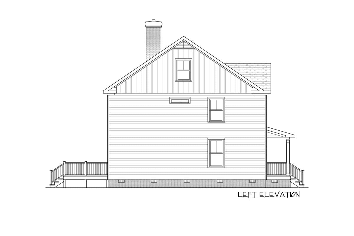 Left elevation house plan with clapboard siding, gabled dormer, chimney, porch, and deck with stairs.