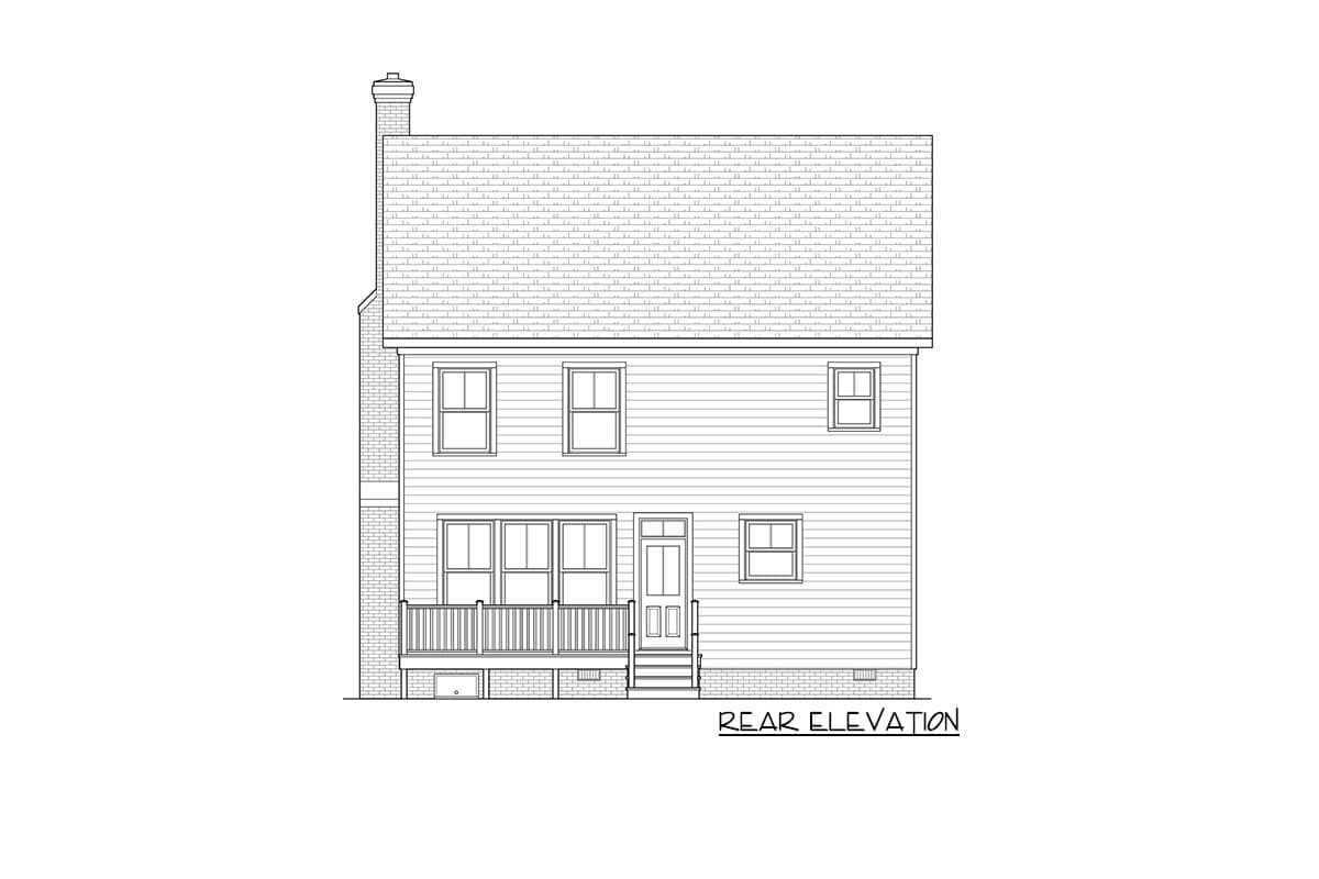 Rear elevation house plan drawing showing a two-story house with a shingled roof, brick chimney, and a deck.