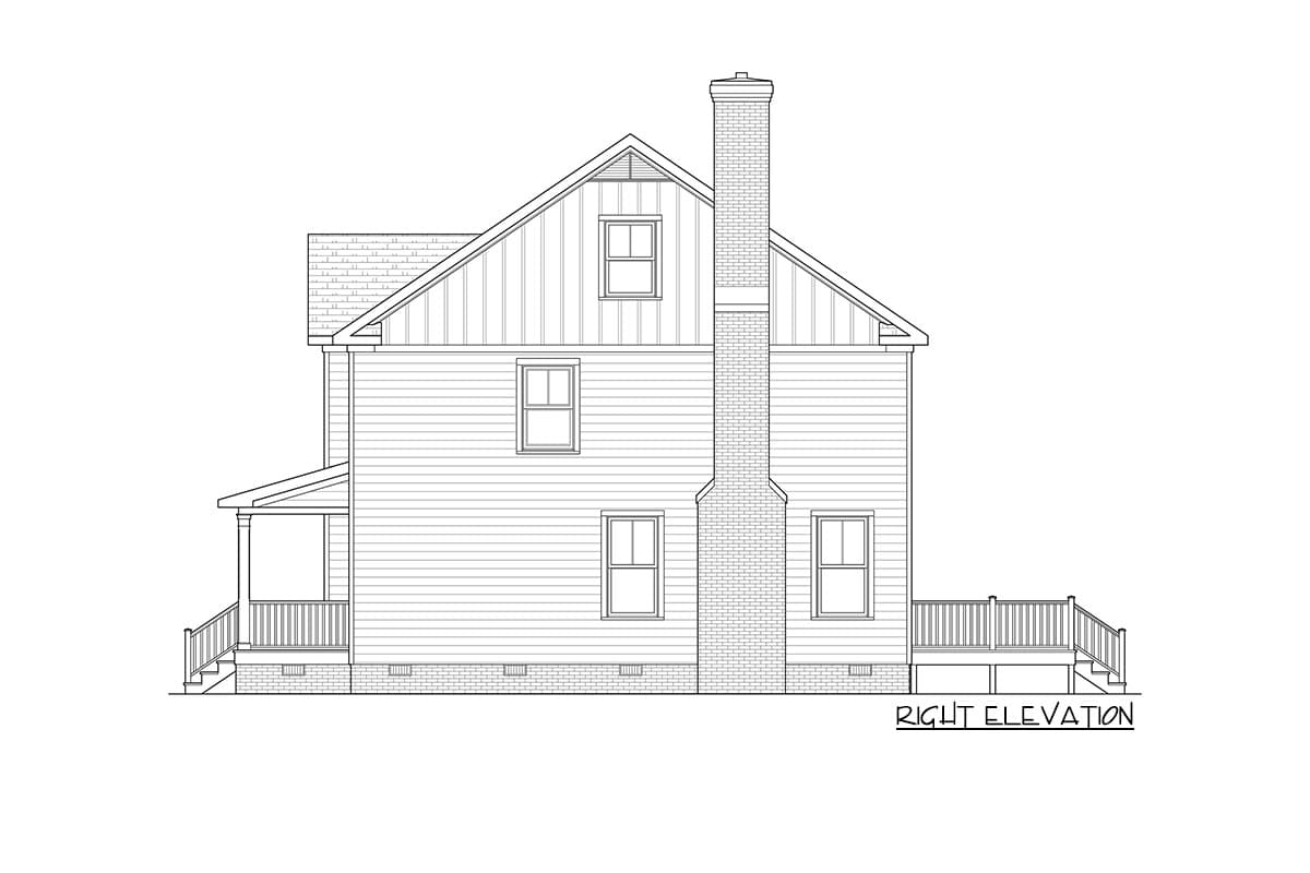 House plan right elevation: two-story, clapboard siding, gabled dormer, brick chimney, porch, and deck.