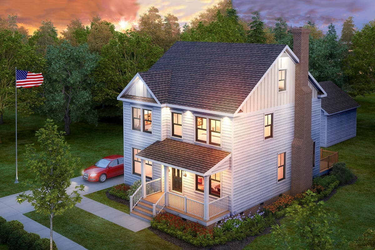 House plan exterior featuring a two-story farmhouse style home with gables, a covered porch, and a brick chimney.