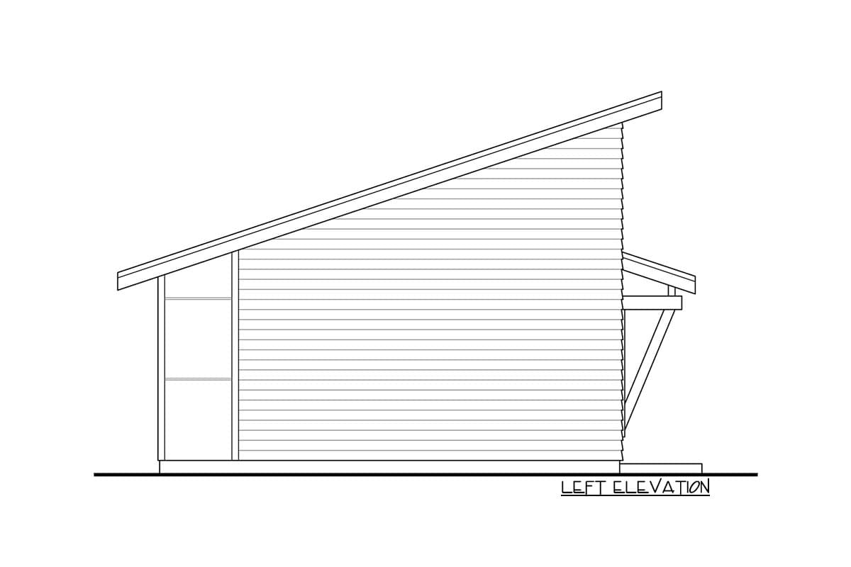Left elevation drawing of a house plan with a slanted roof, horizontal siding, and a small covered porch.