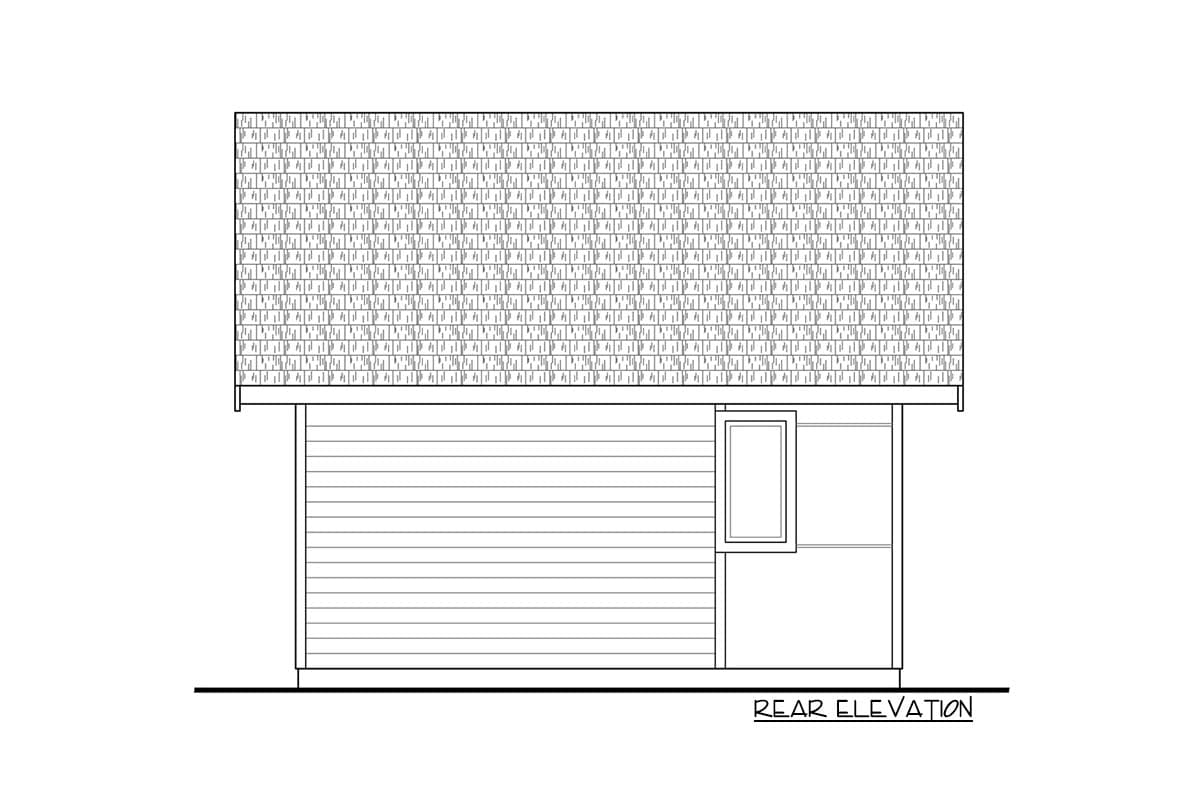 Rear elevation drawing of a house plan with a shingled gable roof and horizontal siding.