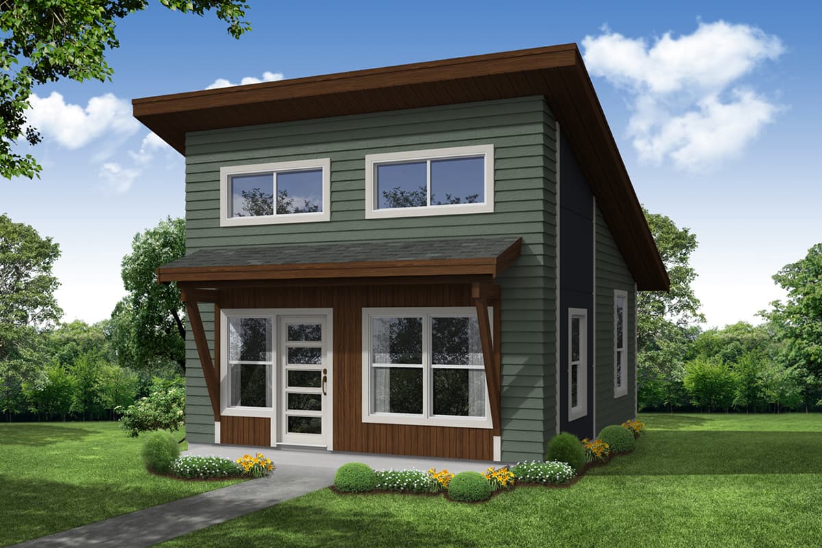 House plan exterior. Two-story modern style house with flat roof, covered entry, and board and batten siding.