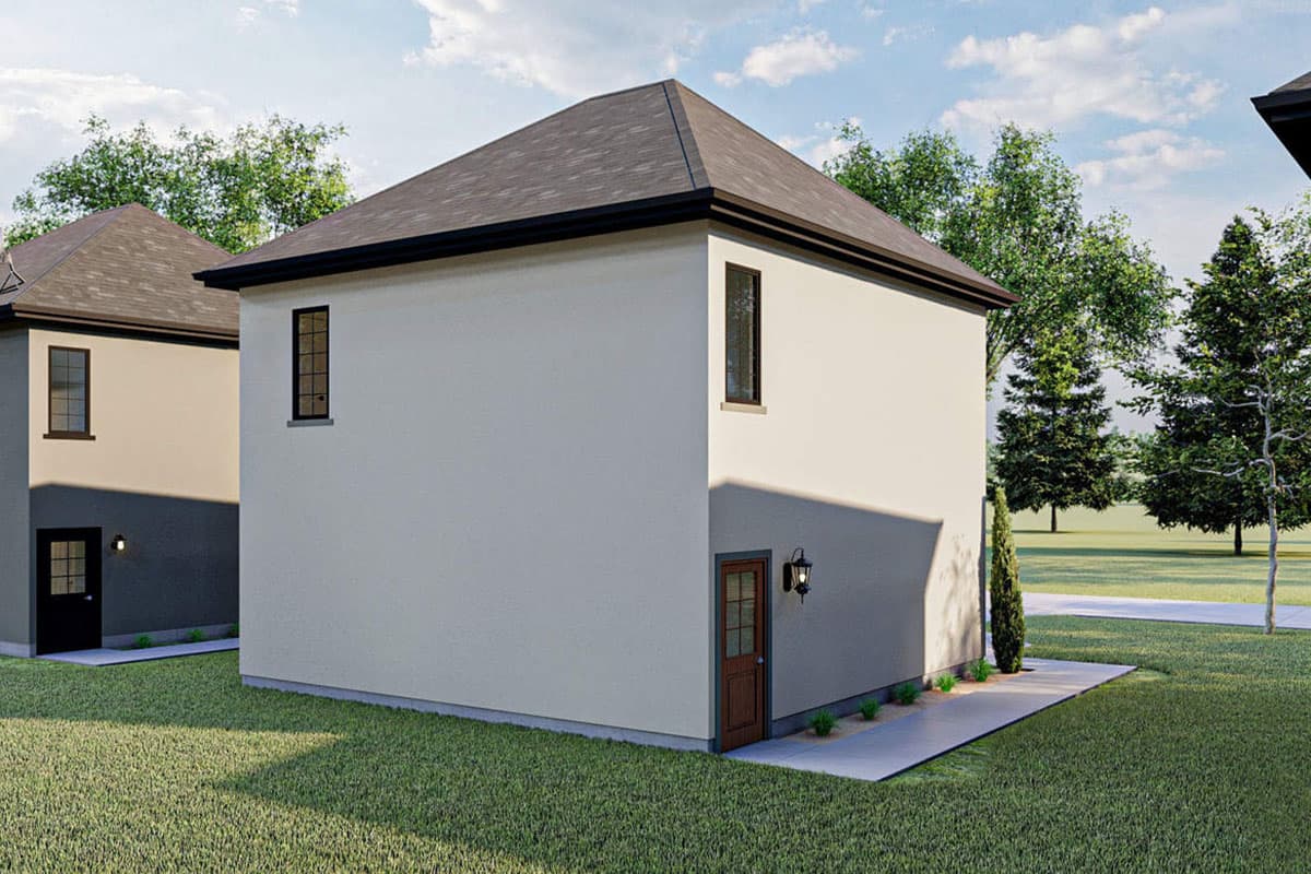 Two-story house plan exterior with stucco walls, gabled roof, and dark-framed windows and doors.