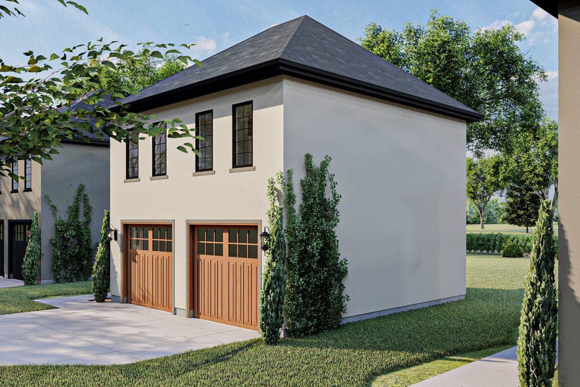 House plan exterior: two-story structure with a hipped roof, stucco walls, two double garage doors, and four upper-level windows.