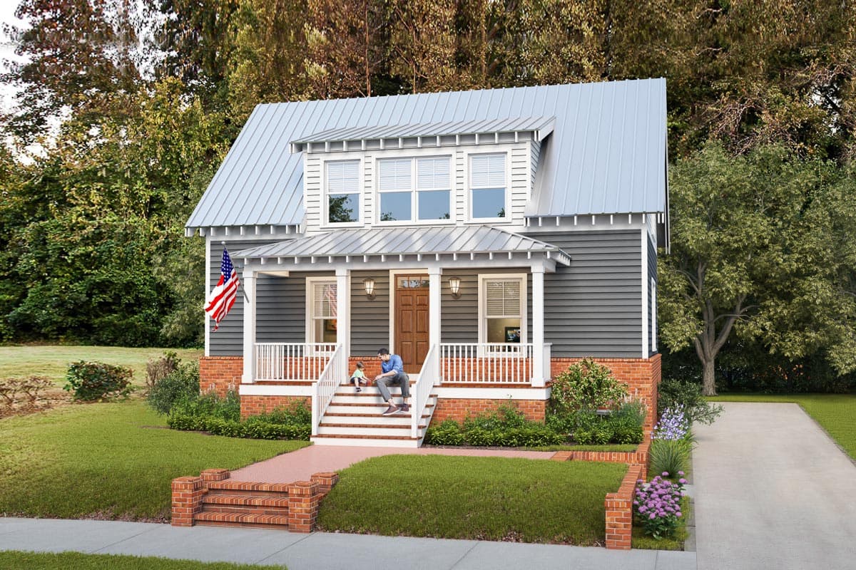 House plan exterior with Craftsman style, two stories, front porch, gabled dormer, and metal roof.