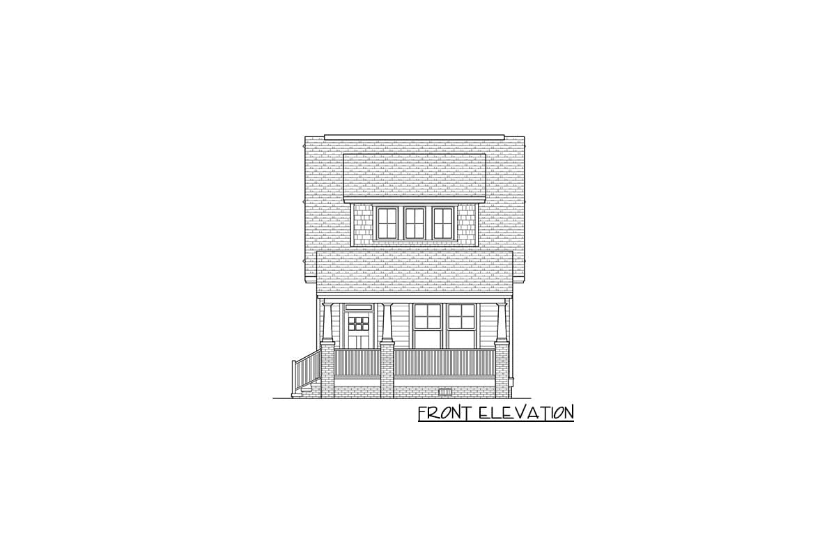 Front elevation drawing of a two-story house with a covered porch, gabled dormer, and hip roof.
