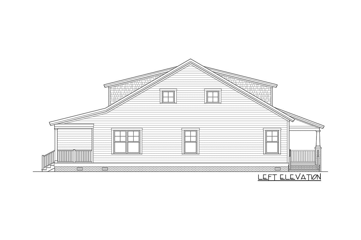 Left elevation of a house plan showing a two-story structure with shingled gables, dormer windows, and covered porches.