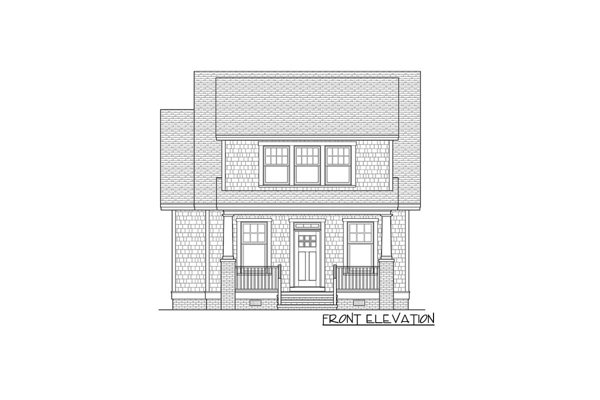 Front elevation of a two-story house plan with shingle siding, a covered porch, and multiple windows.