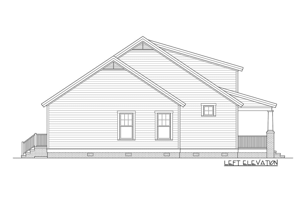 Left elevation house plan showing a gabled roofline, siding, two front windows, a small upper window, and a covered porch with columns.