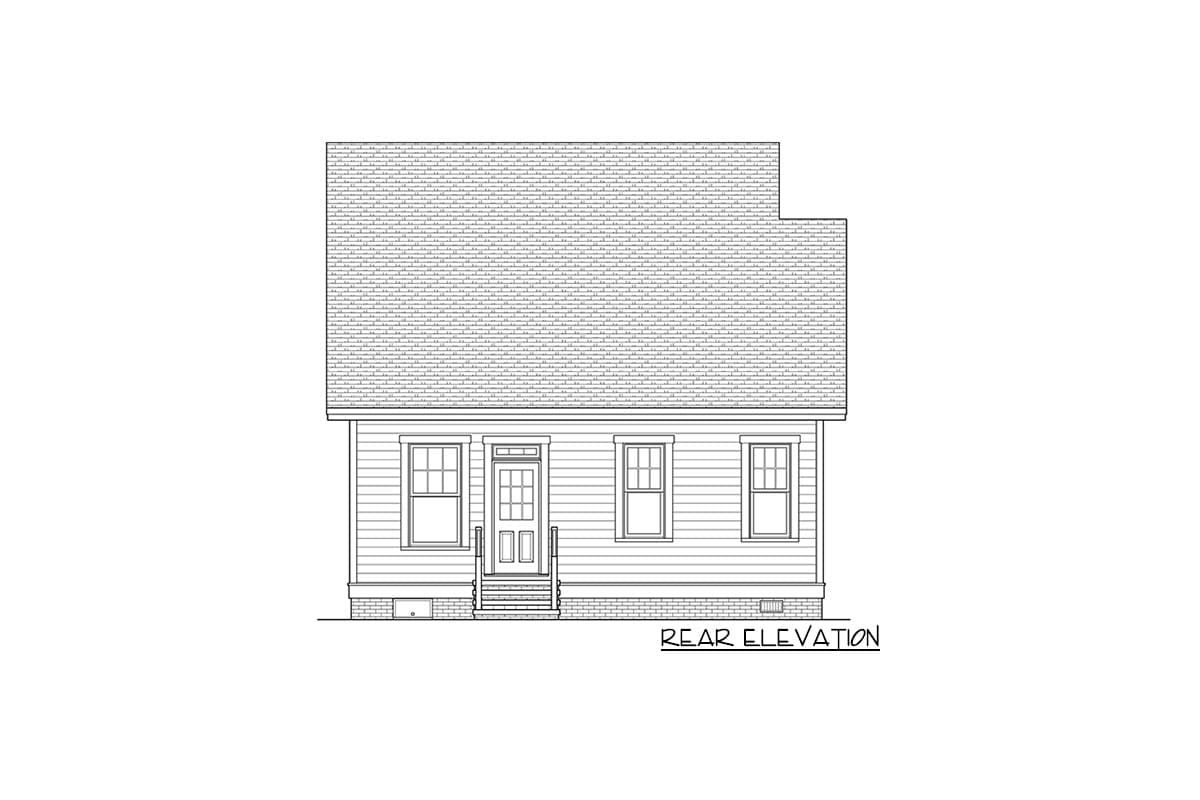Rear elevation drawing of a house plan with a central door, three windows, and a pitched roof.