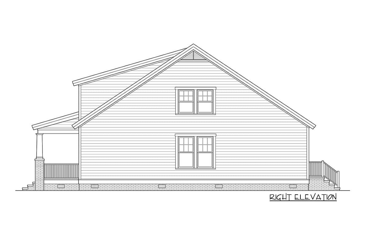 Right elevation drawing of a two-story house plan with gabled roof, covered porch, and double-hung windows.
