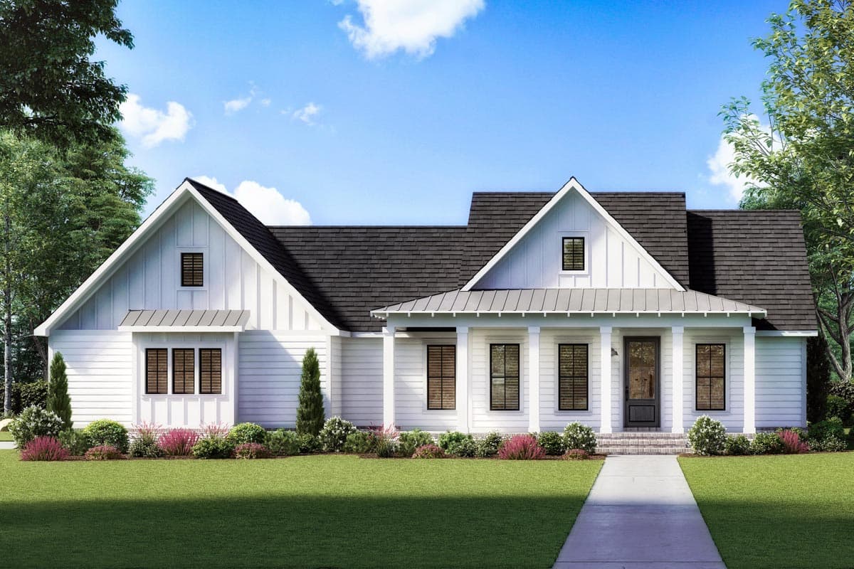 Modern Farmhouse house plan exterior with a gabled roof, front porch with columns, and board-and-batten siding.