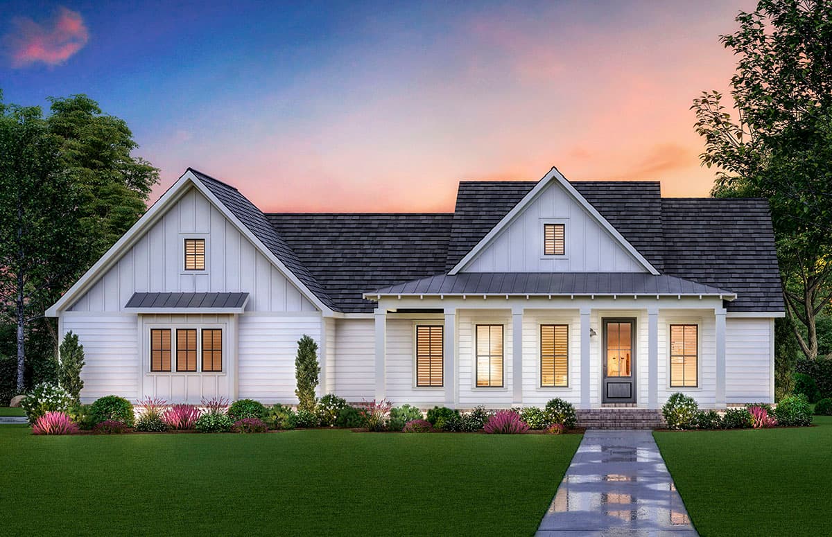 Modern Farmhouse house plan exterior with gables, a covered front porch with columns, and board and batten siding.