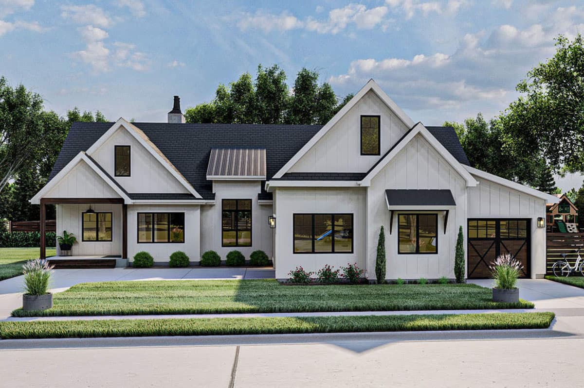 House plan exterior. Modern Farmhouse style, one-story. Features include gables, board and batten siding, a covered porch, and a side-entry garage.