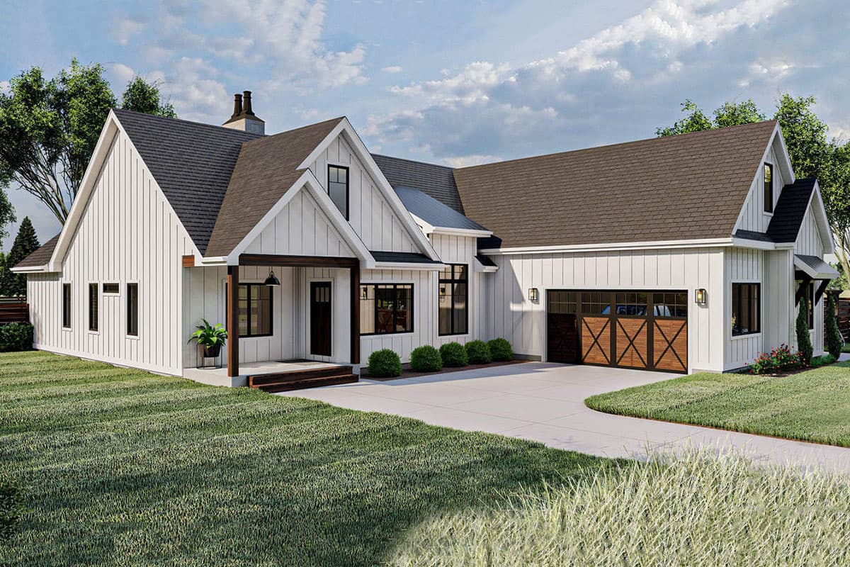 House plan exterior: Modern Farmhouse style, white board and batten siding, gabled dormer, covered porch, and two-car garage.