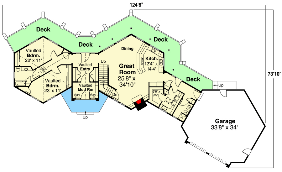 Plan 720003DA: Hexagon-Shaped Mountain House Plan with Second Level Owner's Suite - Floor Plan - Main Level - Craftsman, Mountain