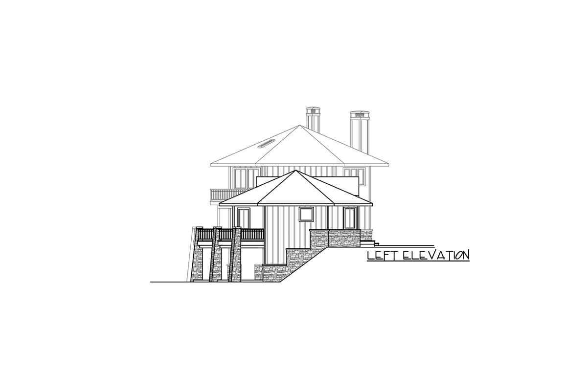 Left elevation drawing of a multi-level house with stone foundation, decks, and multiple gables.