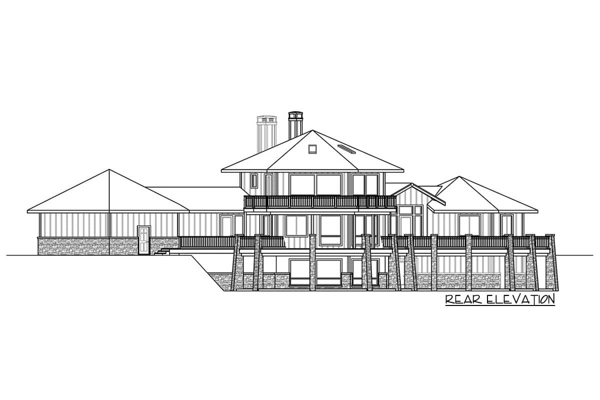 Rear elevation house plan drawing with multiple stories, balconies, stone accents, and varied rooflines.