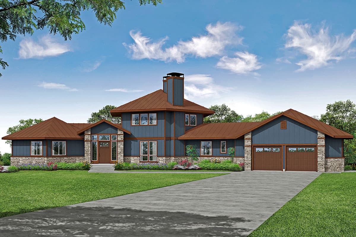 House plan exterior. Two-story home with a craftsman style featuring a chimney, gabled rooflines, and a two-car garage.