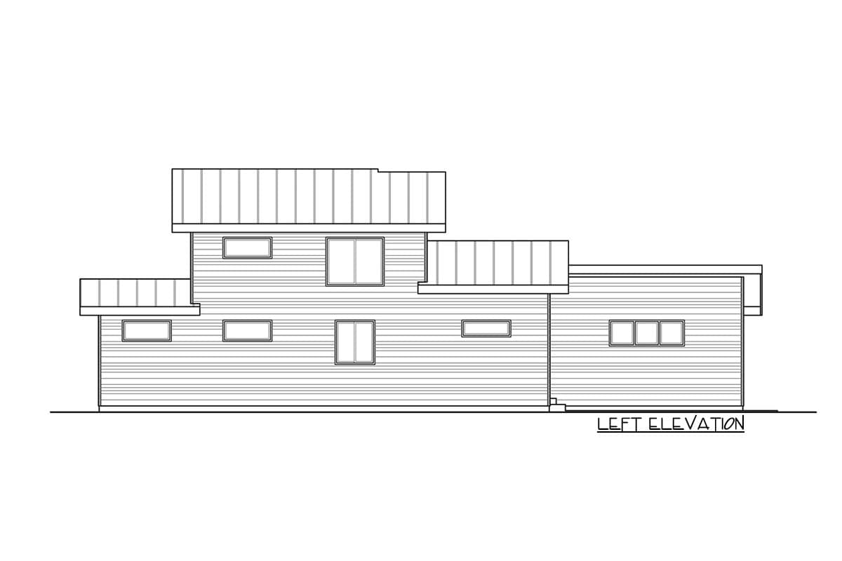 Left elevation drawing of a multi-story house with horizontal siding and flat roofs.