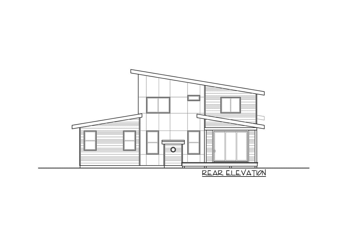 Rear elevation drawing of a two-story house plan with a sloped roof, multiple windows, and sliding glass doors.
