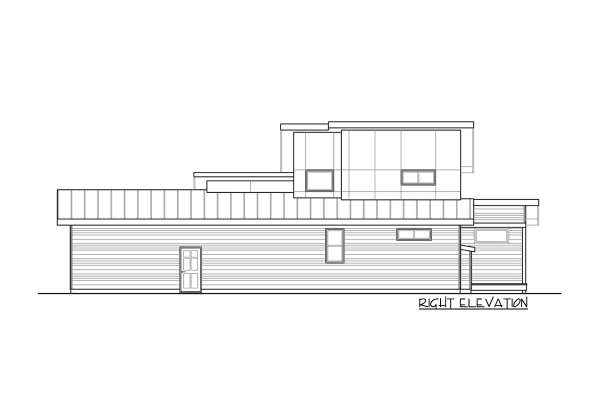 Right elevation of a modern house plan with horizontal siding, a recessed front door, and stacked rectangular volumes with varied window placements.