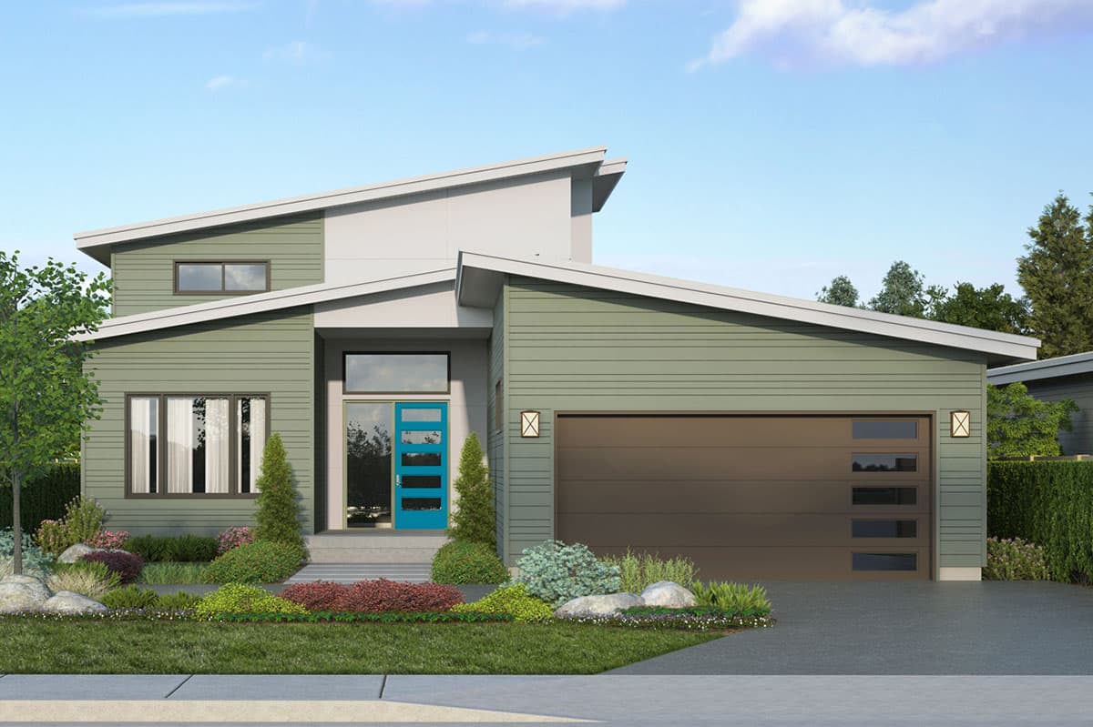 House plan exterior. Modern style with asymmetrical rooflines, a single-car garage, and a transom window above the entrance. Two-story structure.