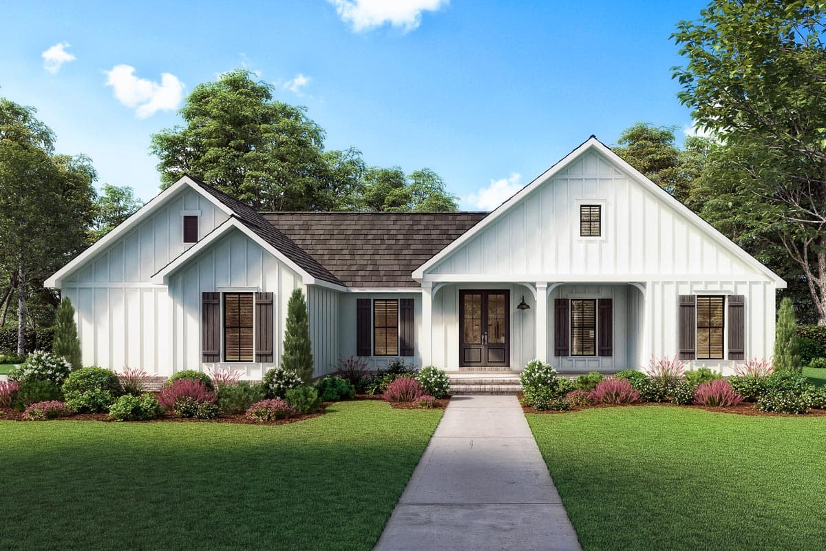 Modern Farmhouse house plan exterior with board and batten siding, gabled rooflines, and covered front porch.