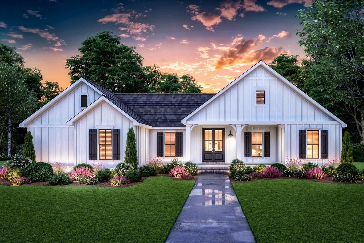 House plan exterior: Farmhouse style with a gabled roof, front porch, and board-and-batten siding. Single story with dark shutters.