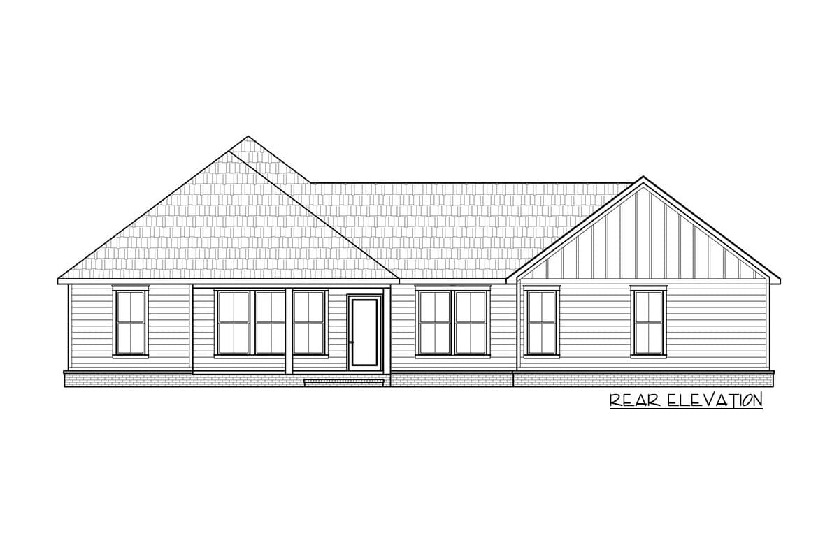 Rear elevation drawing of a one-story house with a gabled roof, covered porch, and lap siding.