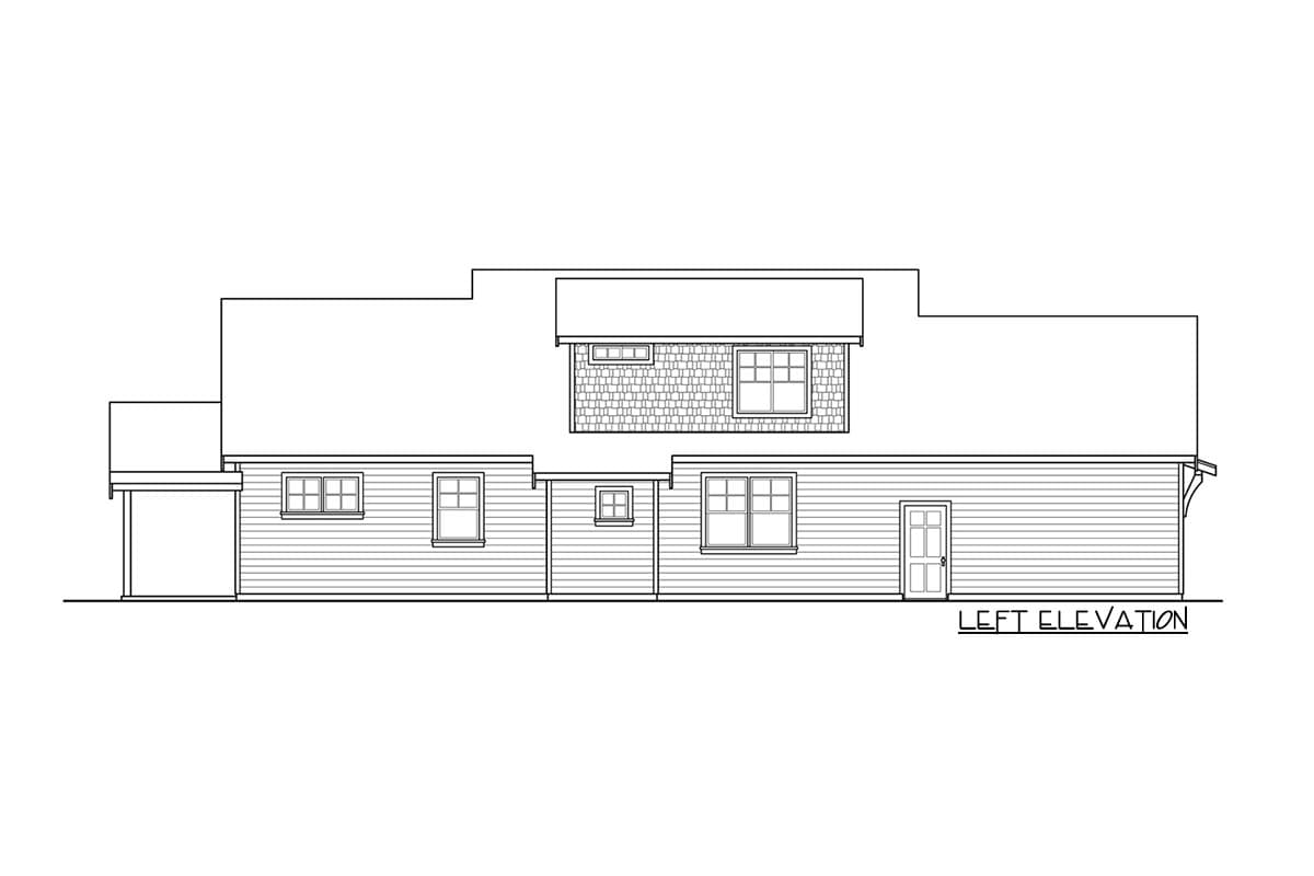 Left elevation drawing of a house plan, showing a covered entrance, multiple windows, and varied siding.
