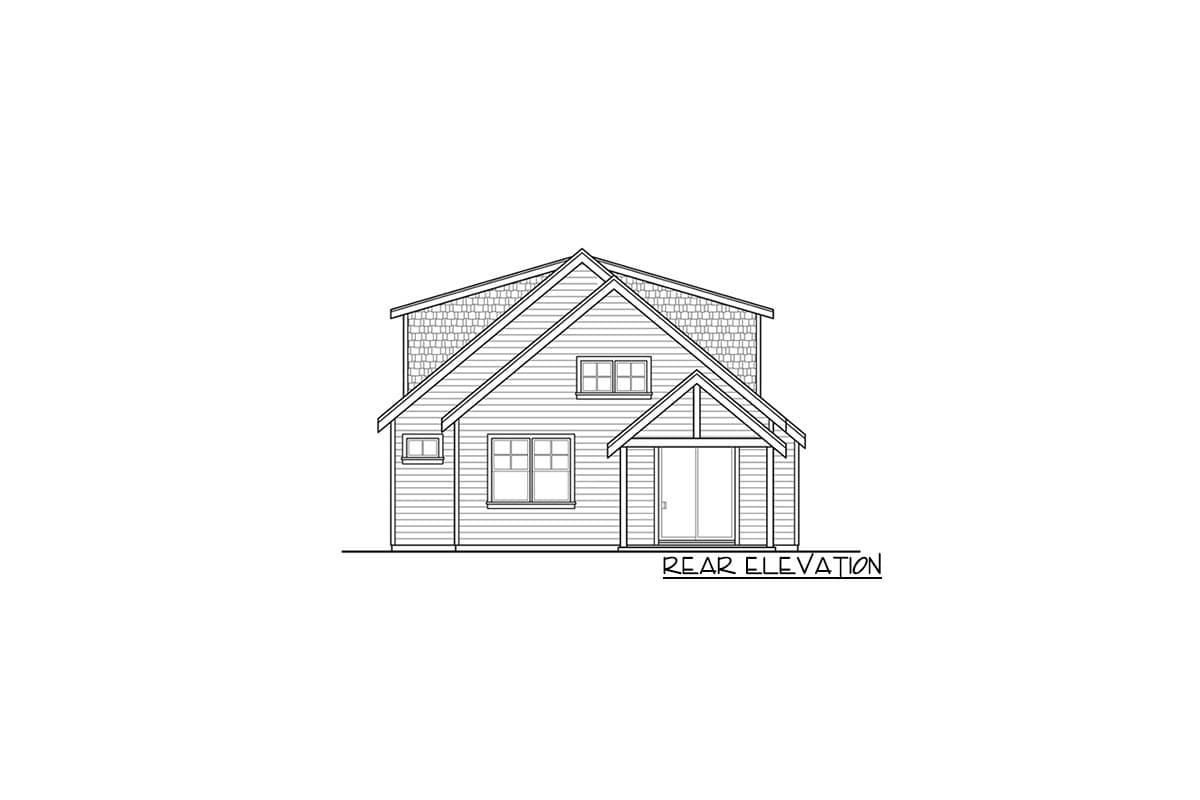 Rear elevation of a two-story house plan featuring double-hung windows, board and batten siding, and a prominent gable with shake siding.
