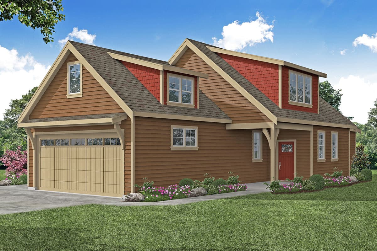 House plan exterior with two stories, a gable roof, dormers, and an attached garage with carriage-style doors. Red accents are present.