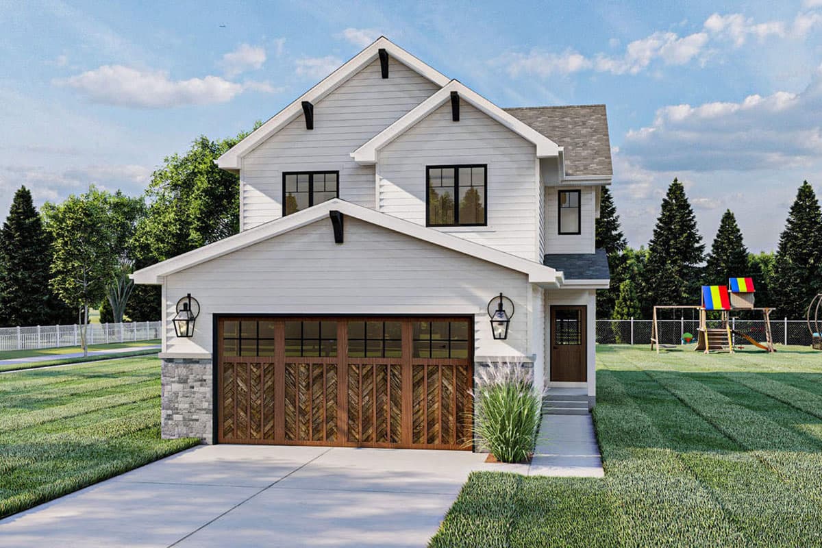 Modern Farmhouse house plan exterior with two stories, white siding, gable roof, stone base, and decorative garage doors.