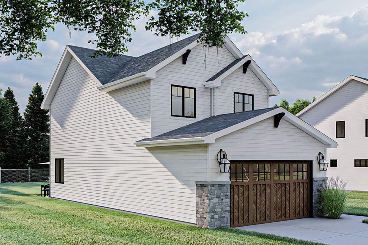 House plan exterior: Two-story Modern Farmhouse with gable dormers, horizontal siding, and a wood garage door with glass panes.
