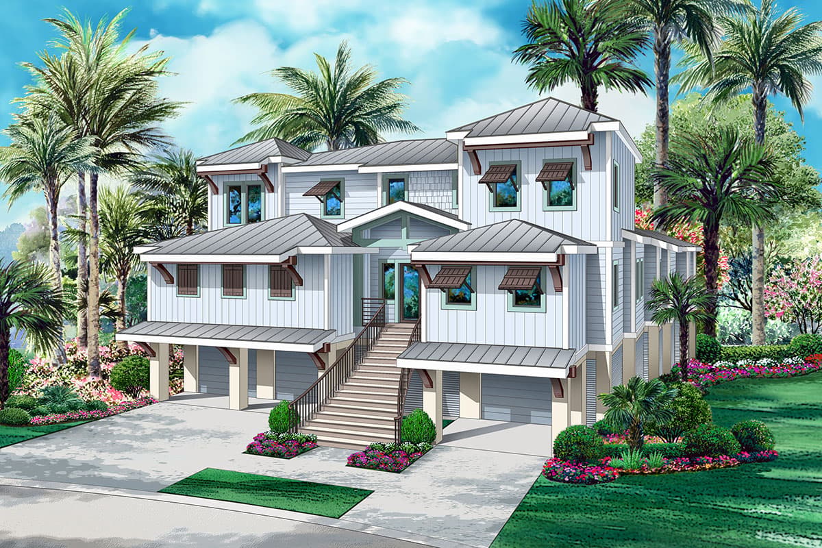 House plan exterior with two stories. Coastal style home features multiple gable rooflines, garage, and covered porch with stairs.