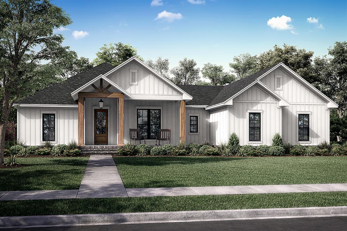House plan exterior with board and batten siding, front porch with exposed timber supports, and multiple gabled rooflines.