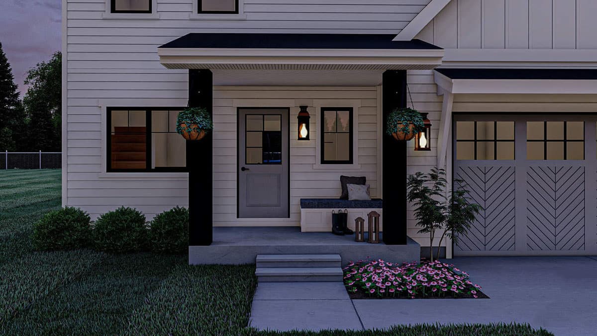 House plan exterior: Modern Farmhouse style, two stories, covered front porch with black columns, attached garage with chevron doors.