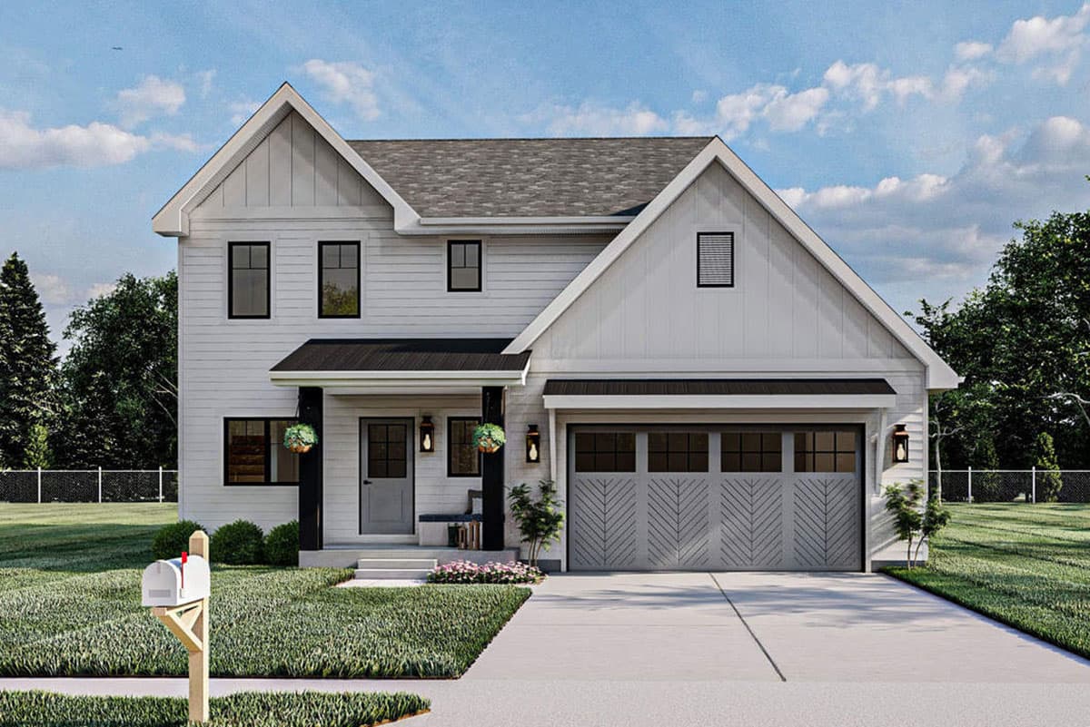 House plan exterior with Modern Farmhouse style, two stories, front-facing garage, gables, and a covered porch with dark columns.