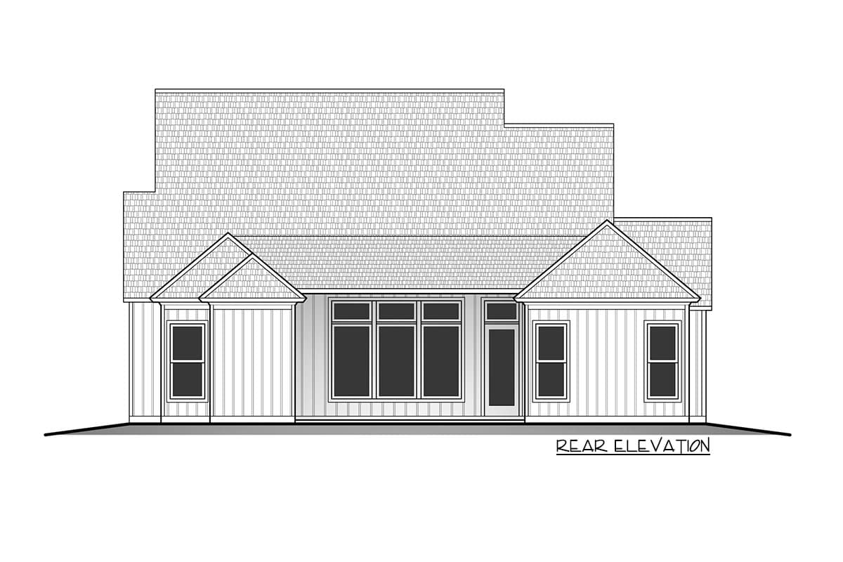 Rear elevation of a house plan featuring varied rooflines, gabled dormers, and a large bank of windows.