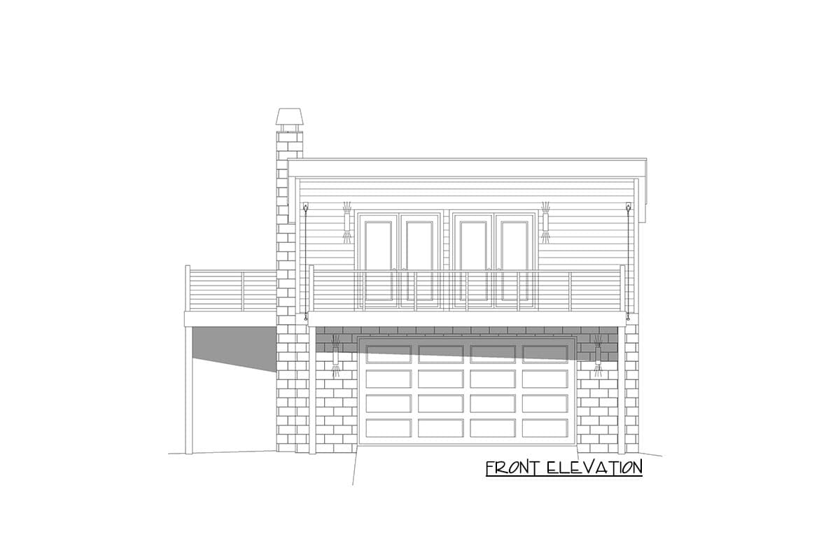Front elevation of a house plan featuring a garage, balcony with French doors, and a brick chimney.
