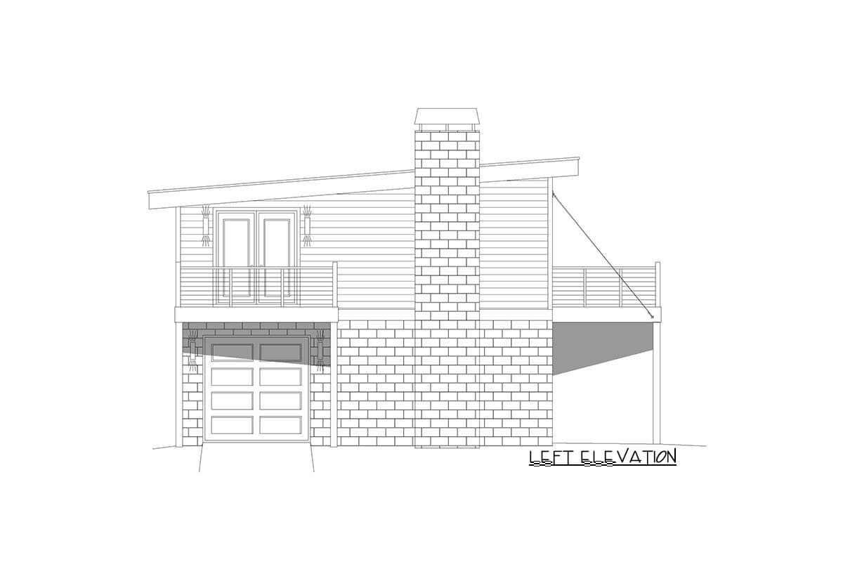 Left elevation of a two-story house plan with a sloped roof, balcony, brick base, and garage.